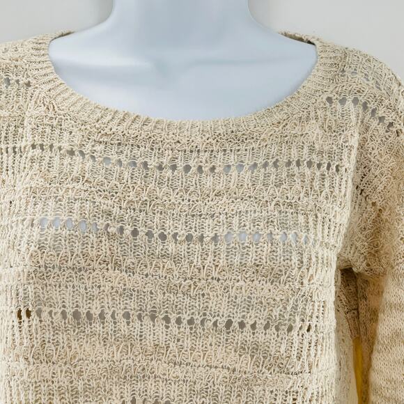 LUCKY BRAND Cream Open Weave Knit Front Blouse Back Long Sleeve Top S - Picture 3 of 11